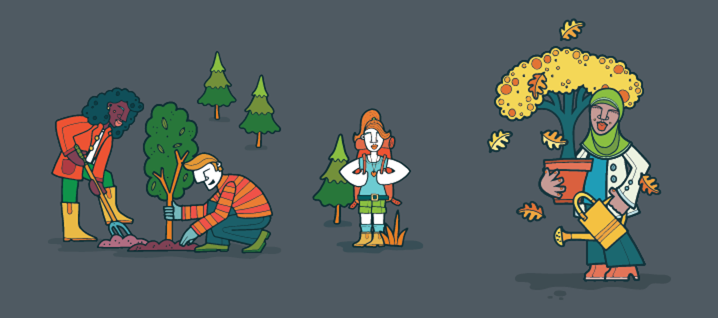 Cartoon image of people planting trees, holding potted plants and walking through nature.