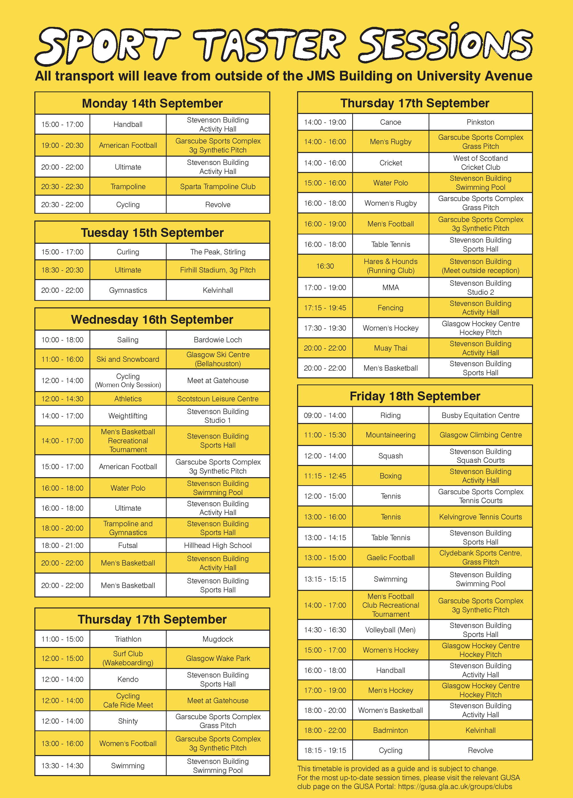 Club Sport Taster Session Timetable (Page 1 of 2)