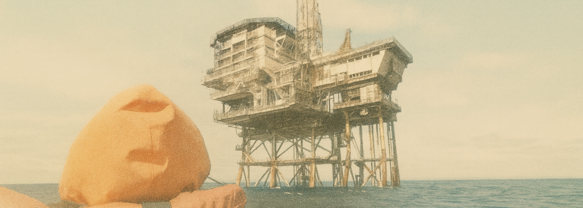 Oil rig at sea in the middle of the image against a hazy sky. Person from behind on the left-hand side in orange high-viz looking at the oil ring from a boat.