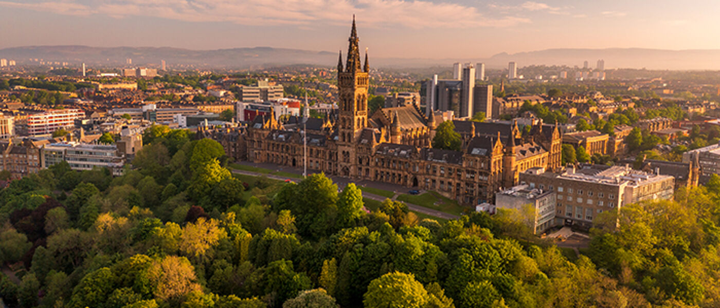Glasgow University Central Campus with historic buildings surrounded by parkland