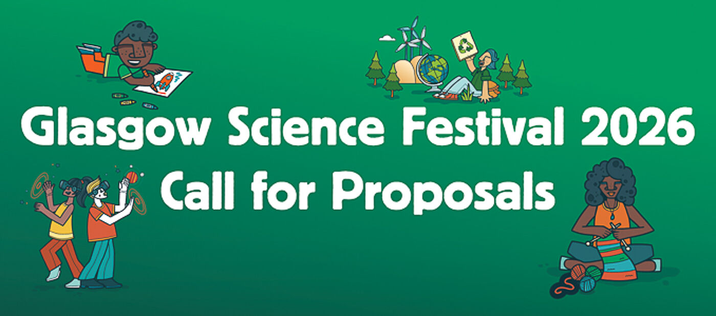 Graphic with the words 'Glasgow Science Festival 2026 Call for Proposals' surrounded by cartoon images of people with various arts and sciences objects.