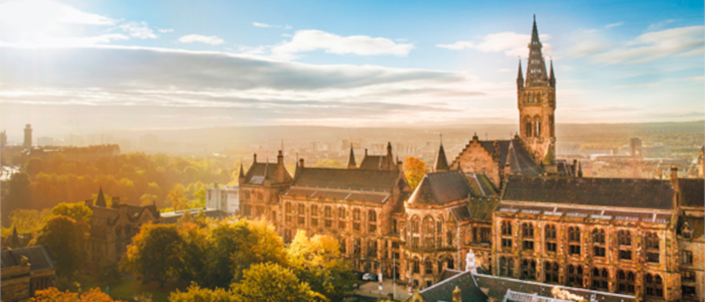 wide shot of the univeristy of glasgow main building in warm sunlight