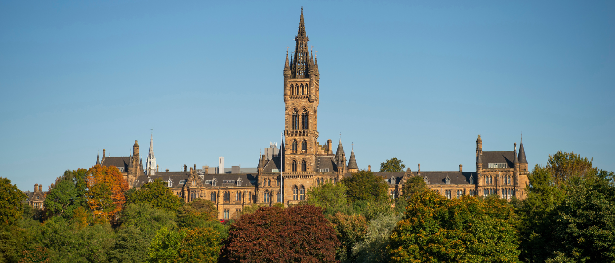 A photo of the Gilbert Scott Tower taken from the south, trees with orange and red leaves surround the tower.