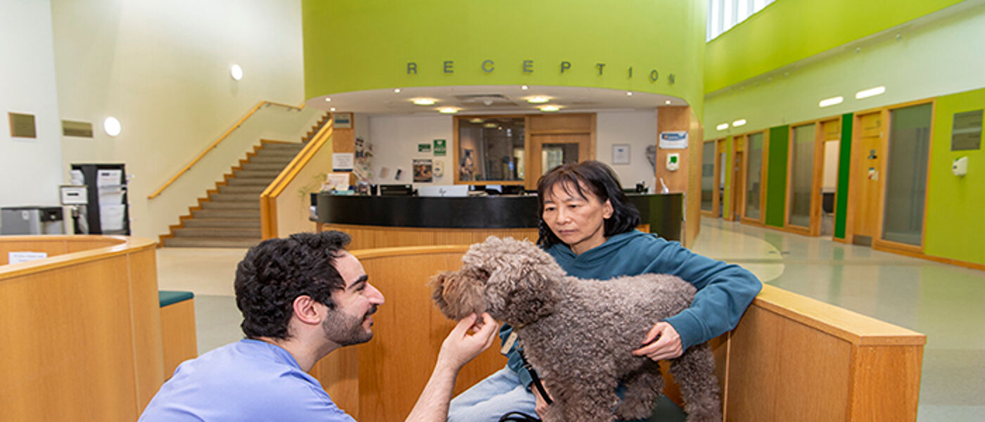 Image of student nurse, member of University of Glasgow staff and dog in Small Animal Hospital Reception