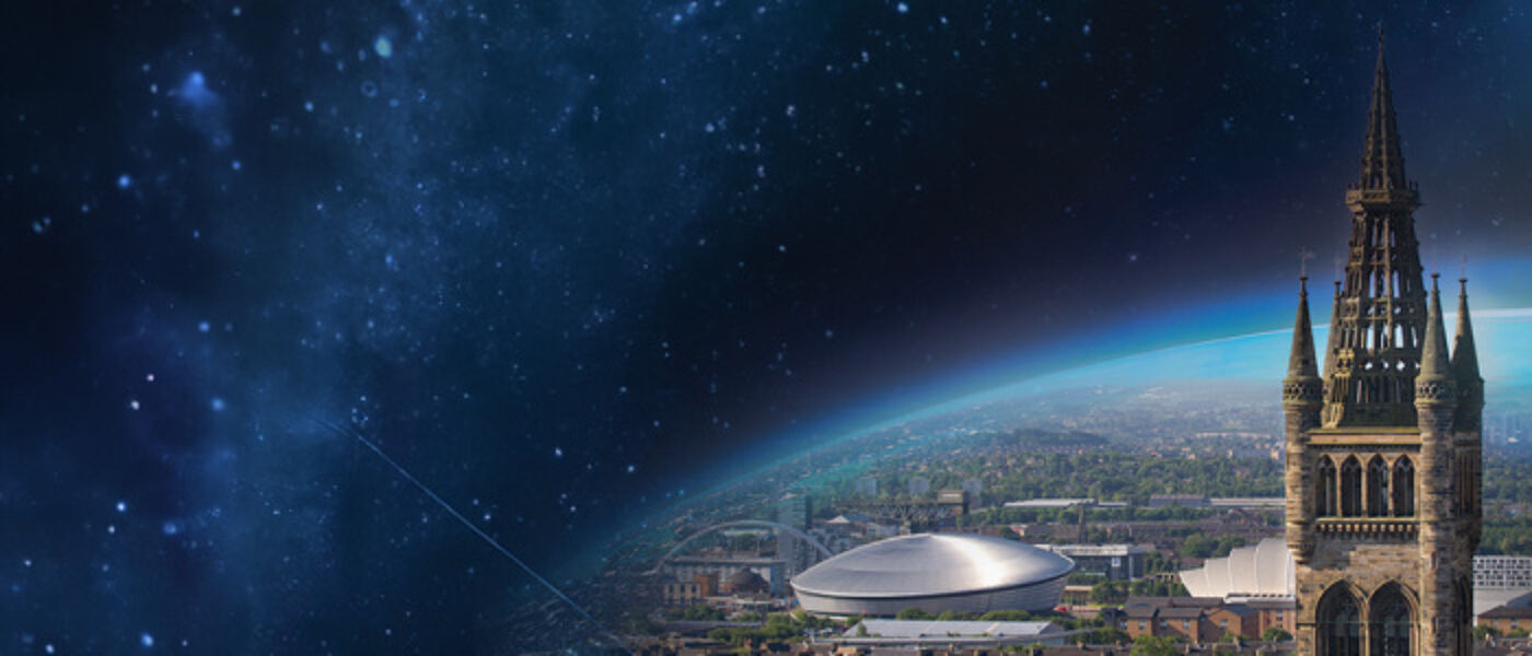 Earth viewed from space with the University of Glasgow tower and other city landmarks superimposed over it