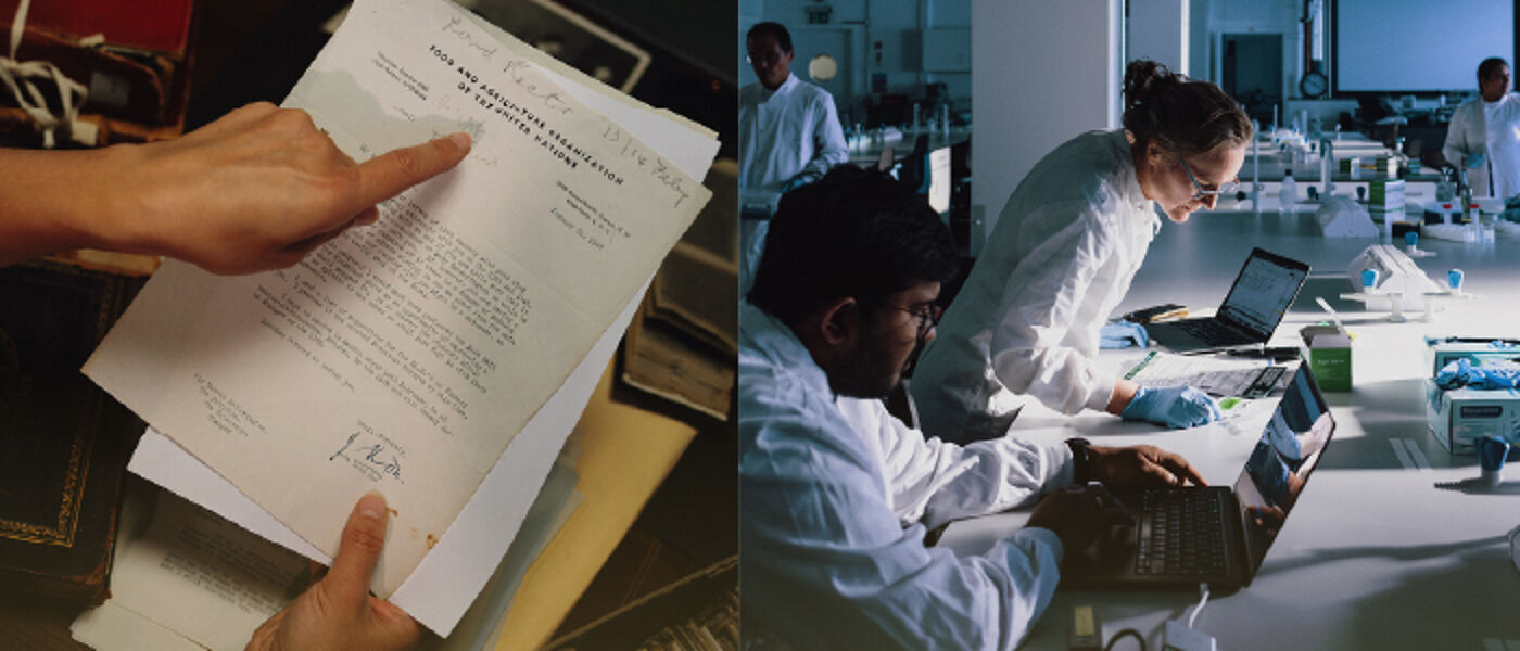 Split image with a document signed by Boyd Orr on one side and Prof Katie Hampson working in a lab on the other side