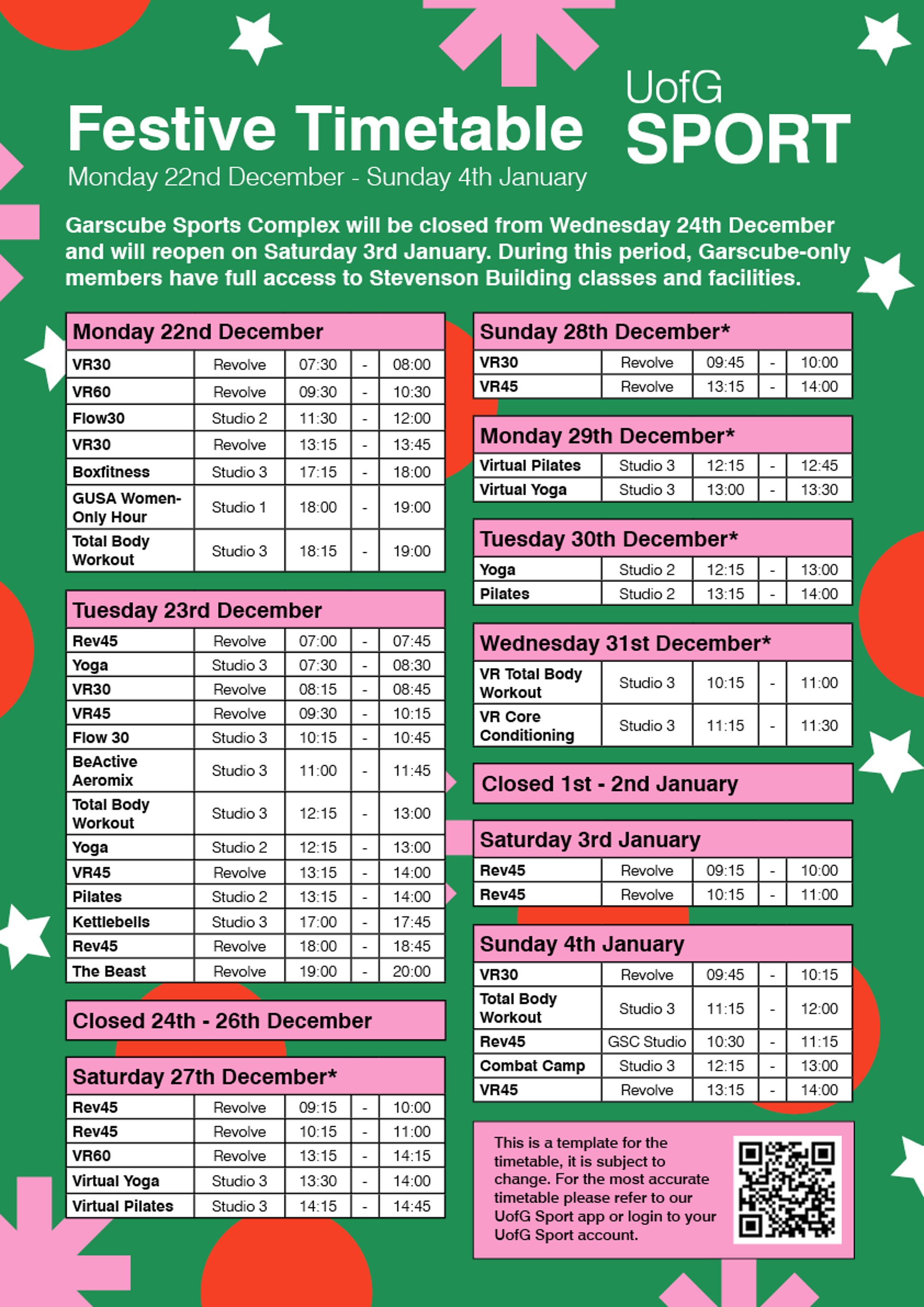 Garscube Festive Timetable 2025
