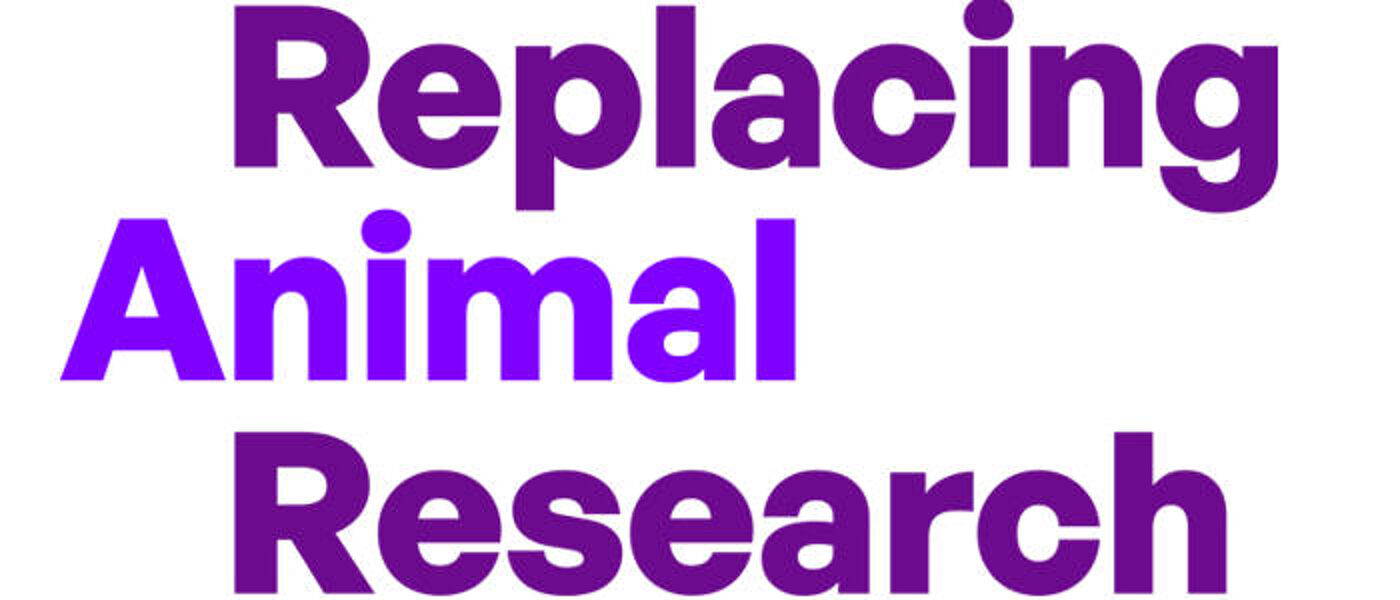 Logo for Replacing Animal Research, has these words, in purple lettering on a white background