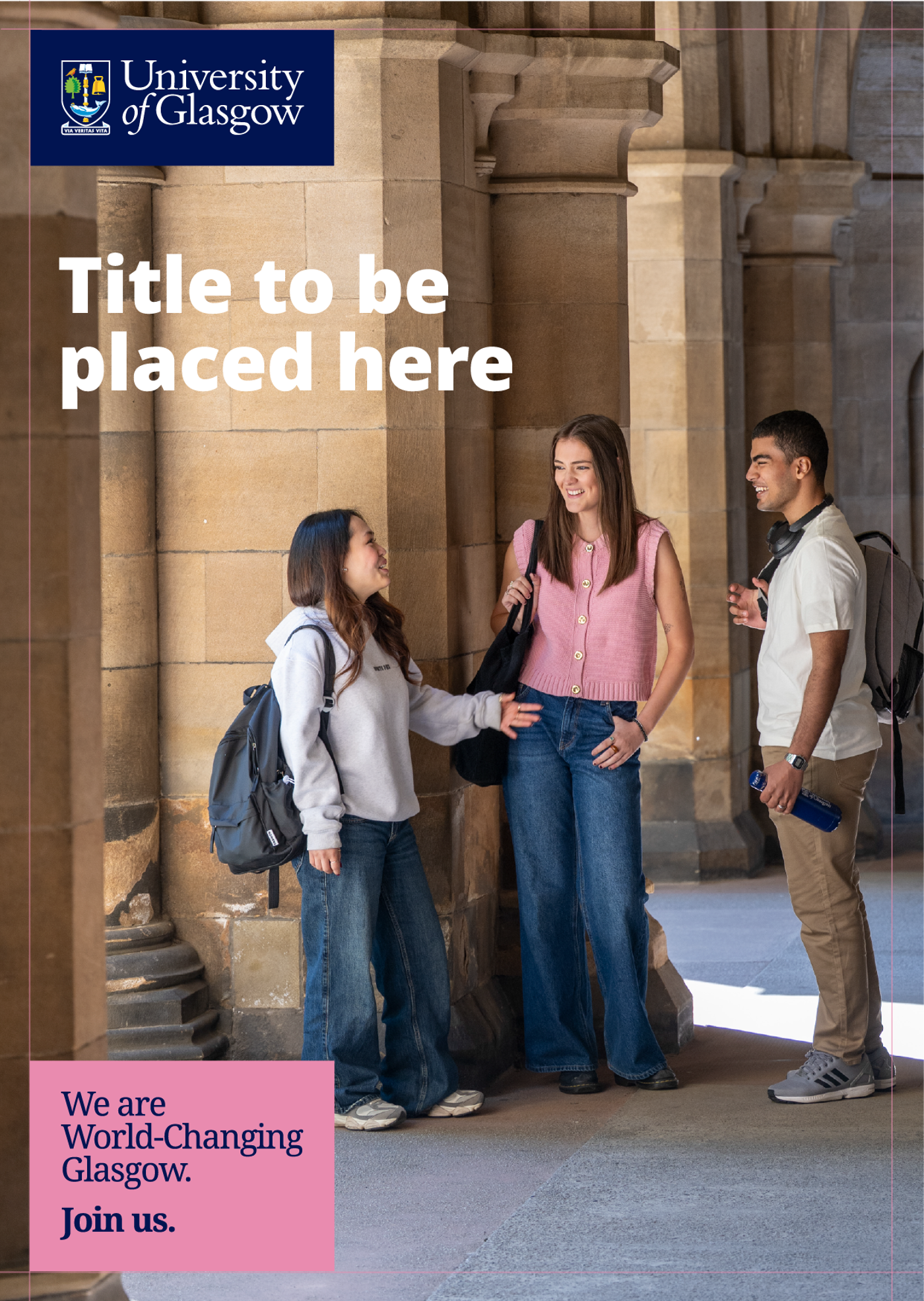 Students in cloisters with brand message guidlines