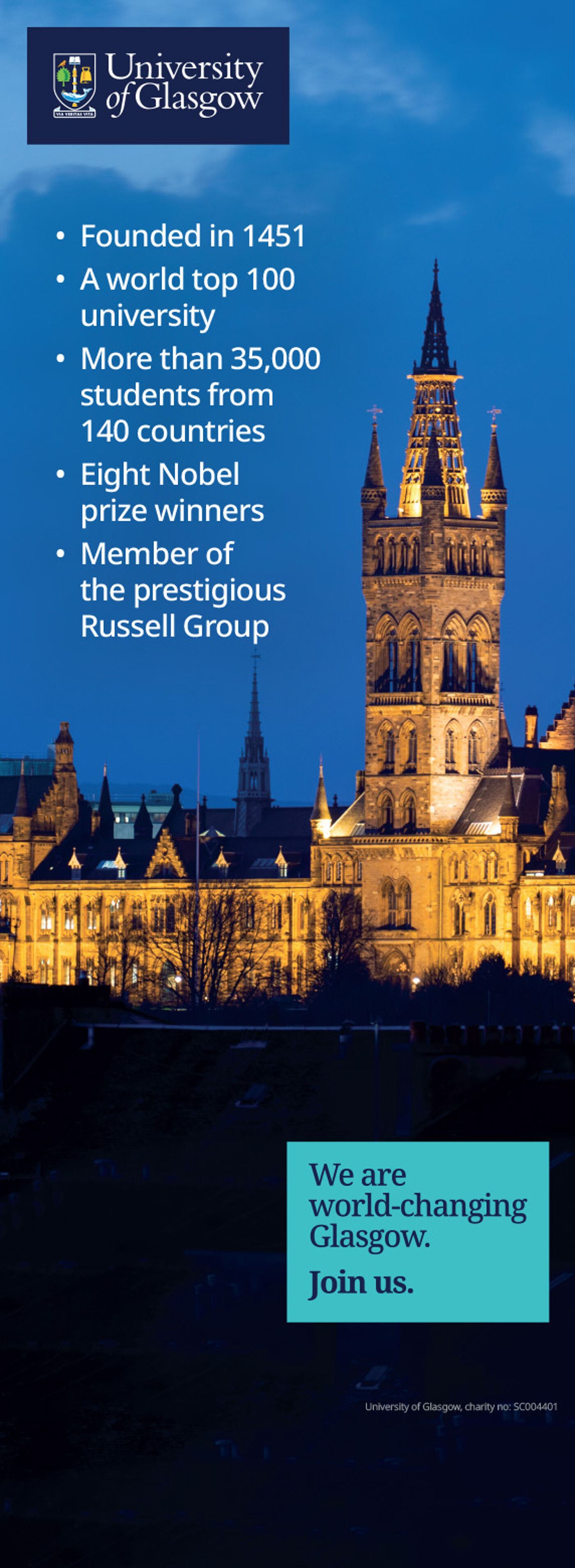 Banner with image of tower and list of USPs
