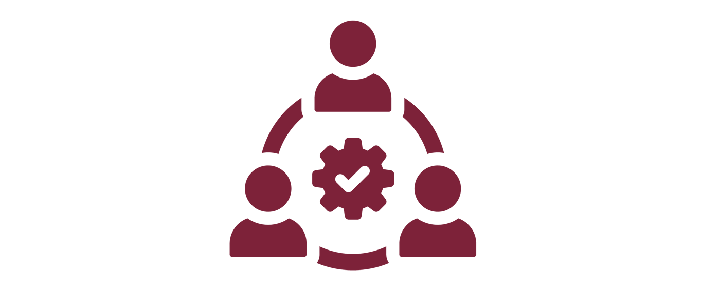 Icons of 3 people connected by a circle. In the middle is a cog with a tick in the middle.