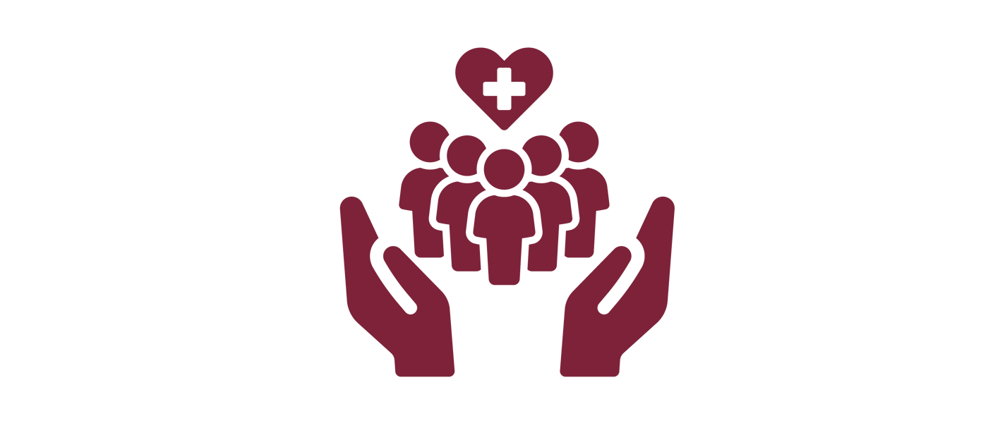 Icon of a pair of hands holding a group of people. Above the people is a heart with a medical cross in the centre