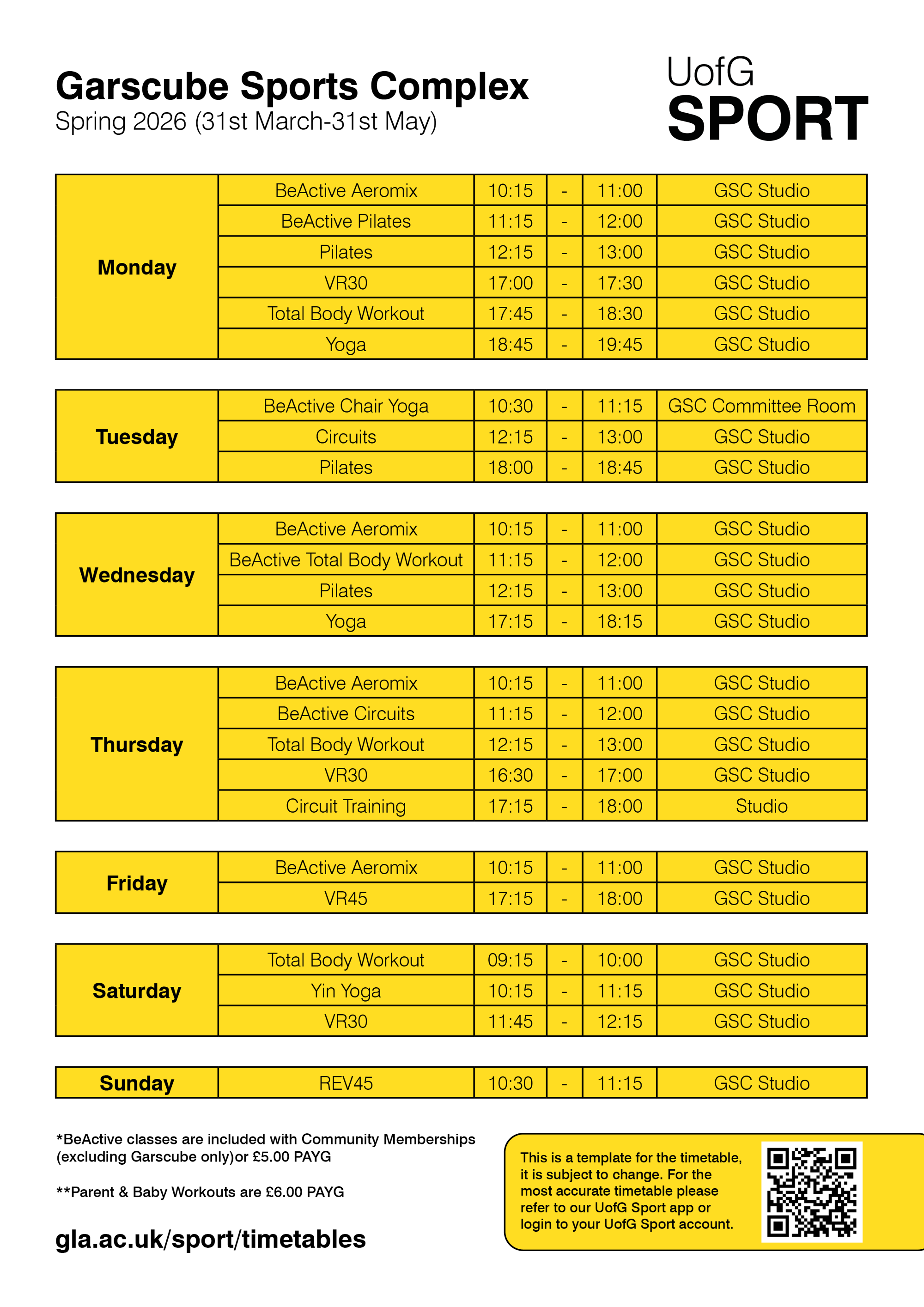 Garscube Spring Timetable (30 March - 31 May)