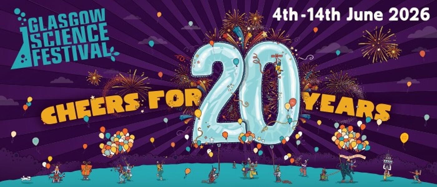 Cartoon image of a large group of people with balloons and cakes celebrating. Text reads Cheers for 20 Years where the 20 is a large balloon.