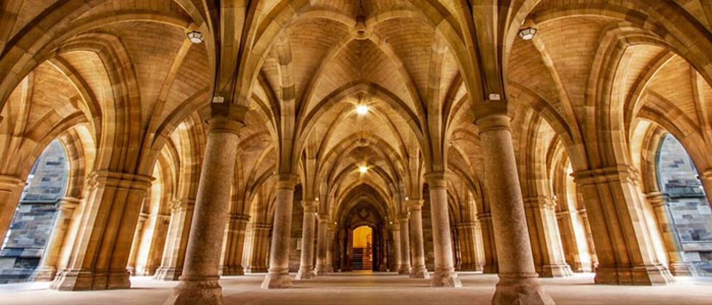 Photograph of the University cloisters in the historic Gilbert Scott 