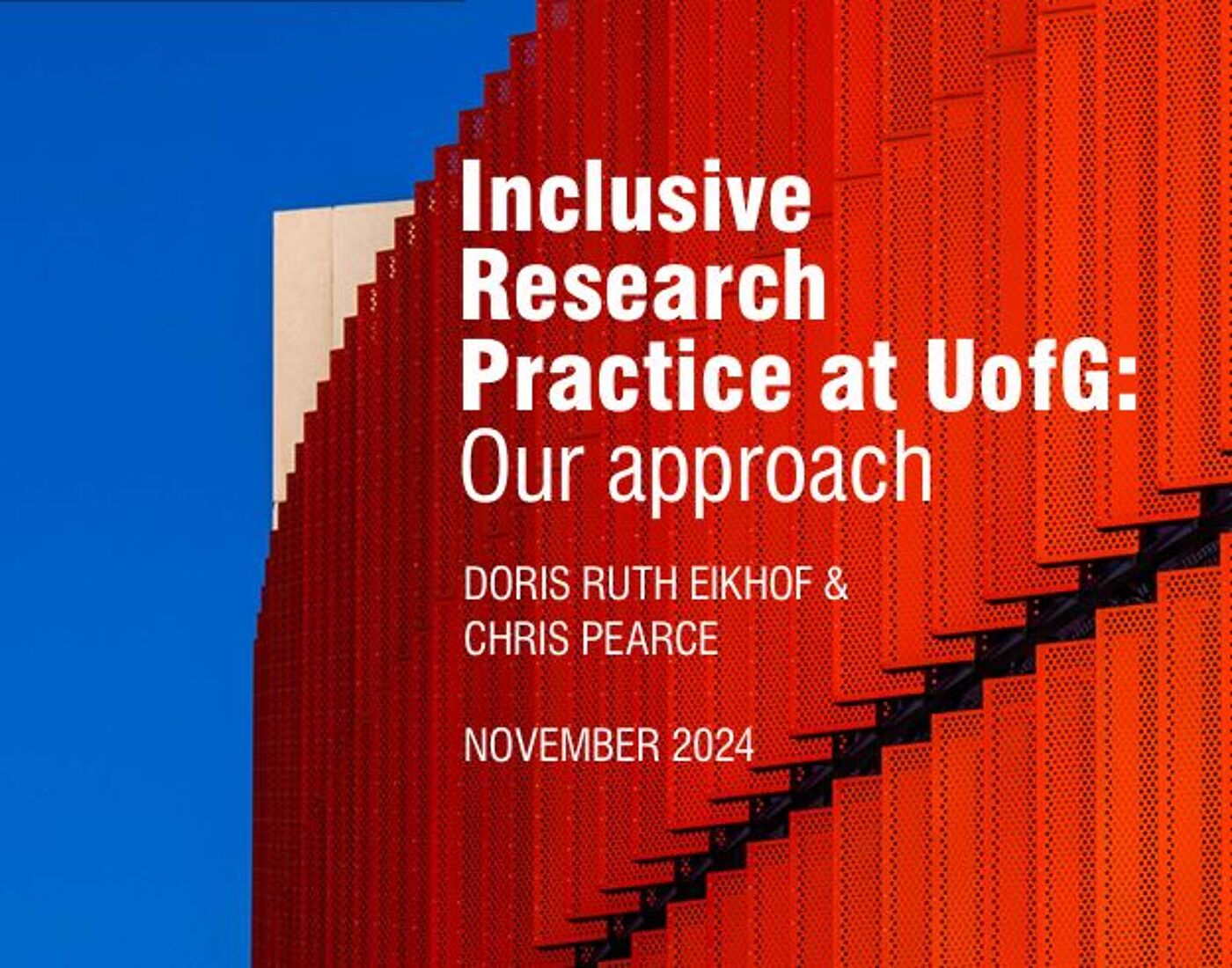 The title page of IRP at UofG, White text over the Red JMS building with blue sky behind