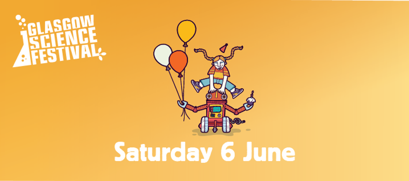 Cartoon image of a girl, robot and balloons with text 'Saturday 6 June'