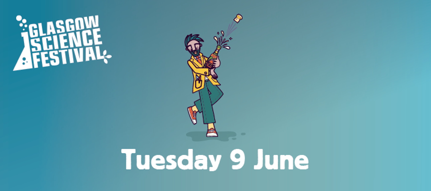 Cartoon image of a man popping a bottle of fizzy drink with text 'Tuesday 9 June'
