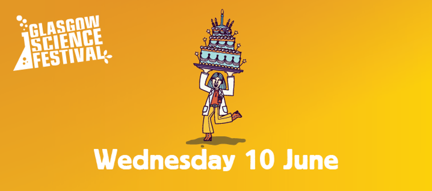 Cartoon image of a woman with a cake, with text 'Wednesday 10 June'