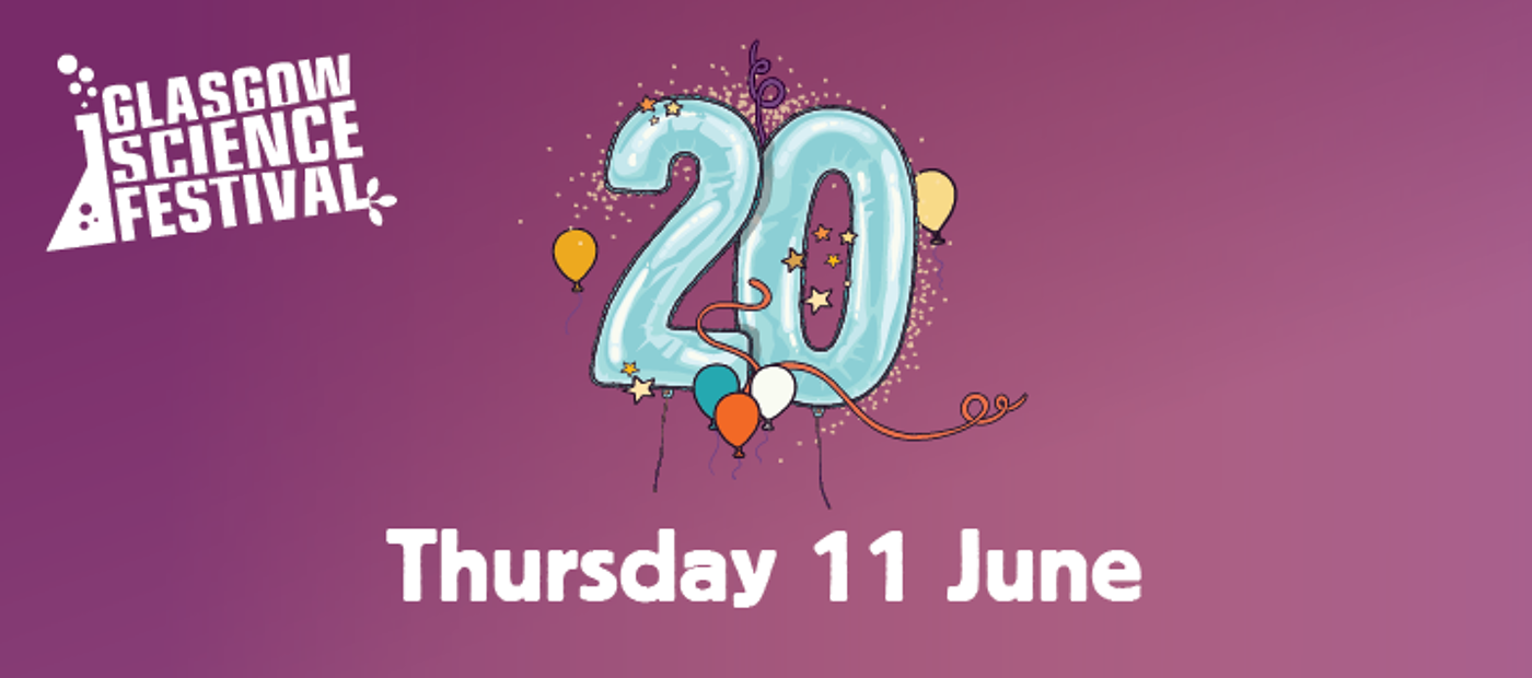 Cartoon image of large balloons shaped like '20' with text 'Thursday 11 June'