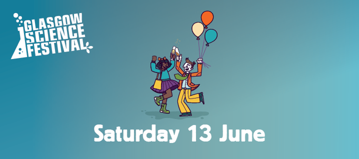 Cartoon image of two people dancing with balloons, text reads 'Saturday 13 June'