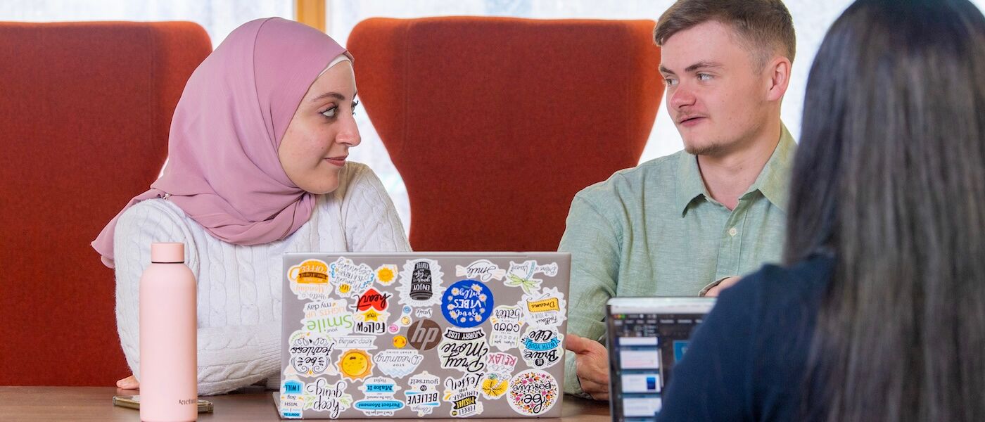 Two students studying in the library, looking at a computer