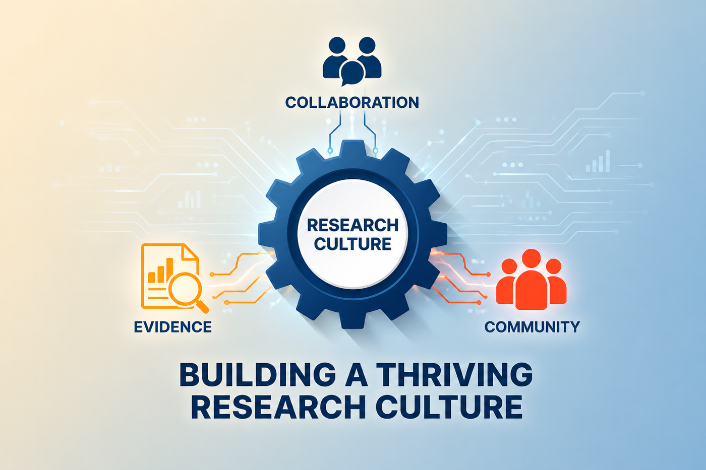 Graphic illustrating a framework for research culture. At the centre is a blue gear labelled “Research Culture.” Three icons surround it: at the top, a person icon labelled “Collaboration”; on the right, a group of people icon labelled “Community”; and on the left, a clipboard and chart icon labelled “Evidence.” Text below reads “Building a Thriving Research Culture.” The background shows a light gradient with subtle circuit‑style lines, suggesting connection and systems.
