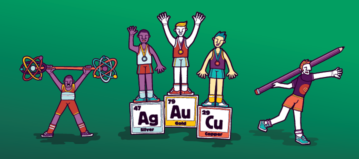 Cartoon image of a medal podium, a javelin thrower and a weightlifter