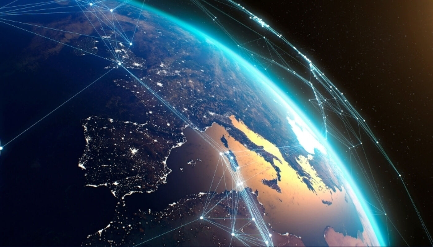 Pan left view of digital connections among satellites above surface of Earth from space