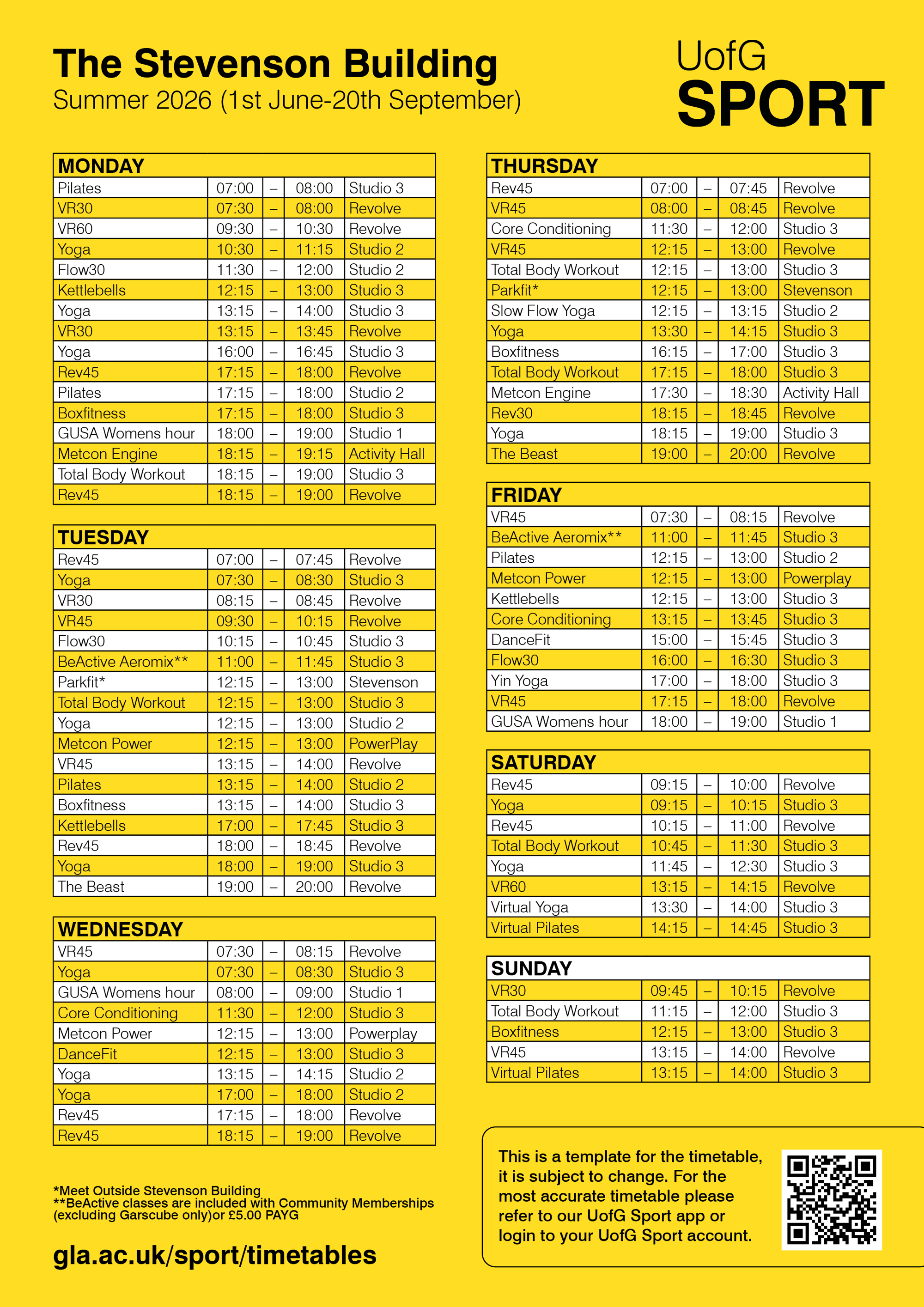 Stevenson Building Summer Timetable 2026