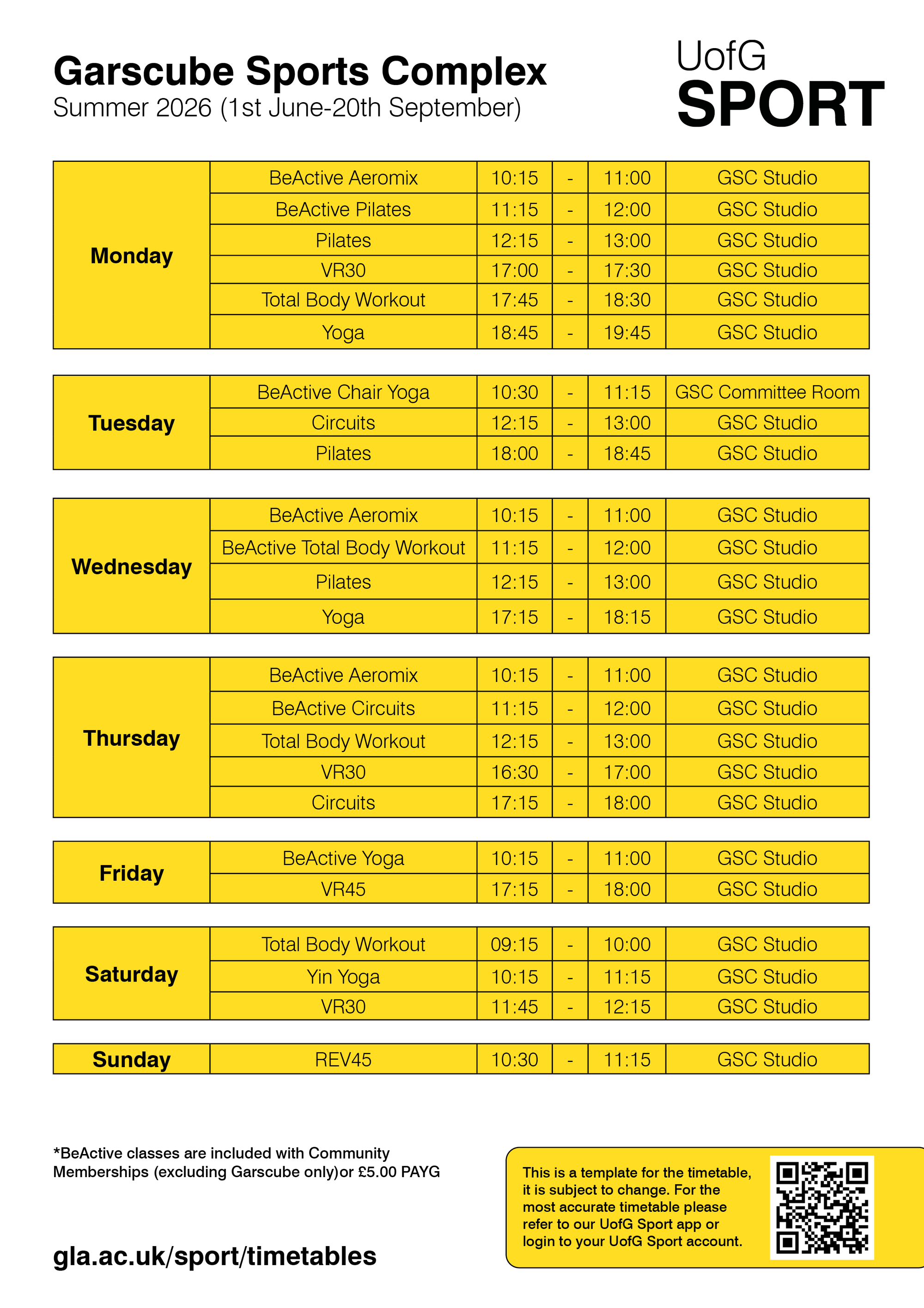 Garscube Summer Timetable 2026