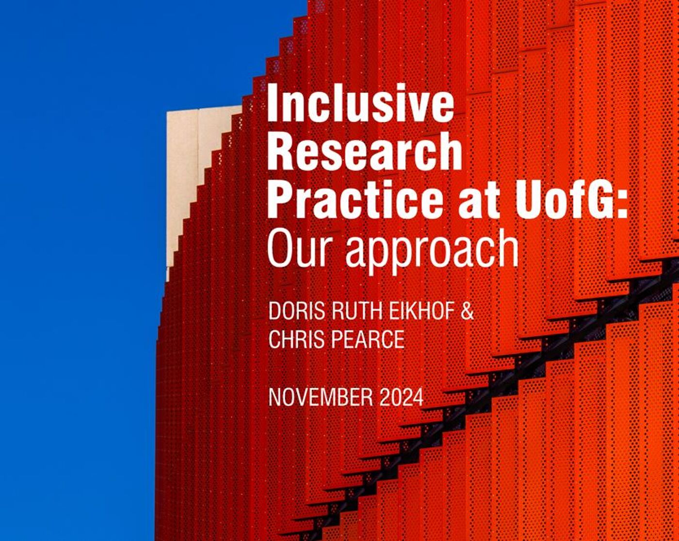 The title page of IRP at UofG, White text over the Red JMS building with blue sky behind