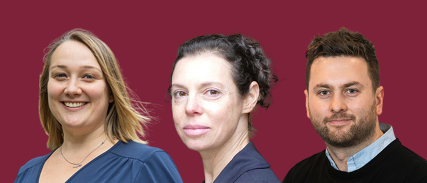 headshots of 3 global though leading academics from the Adam Smith Business School on a solid colour burgundy background