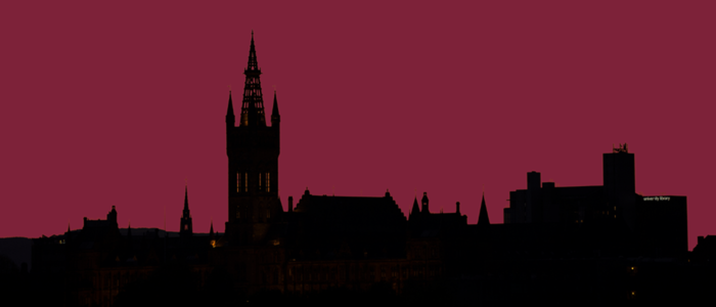 Dark outline, almost silhouette of the University of Glasgow on a solid burgundy background