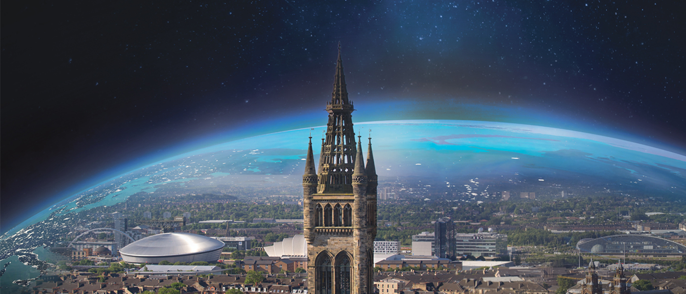 collage of the University of Glasgow tower, the city of Glasgow and the earth in space