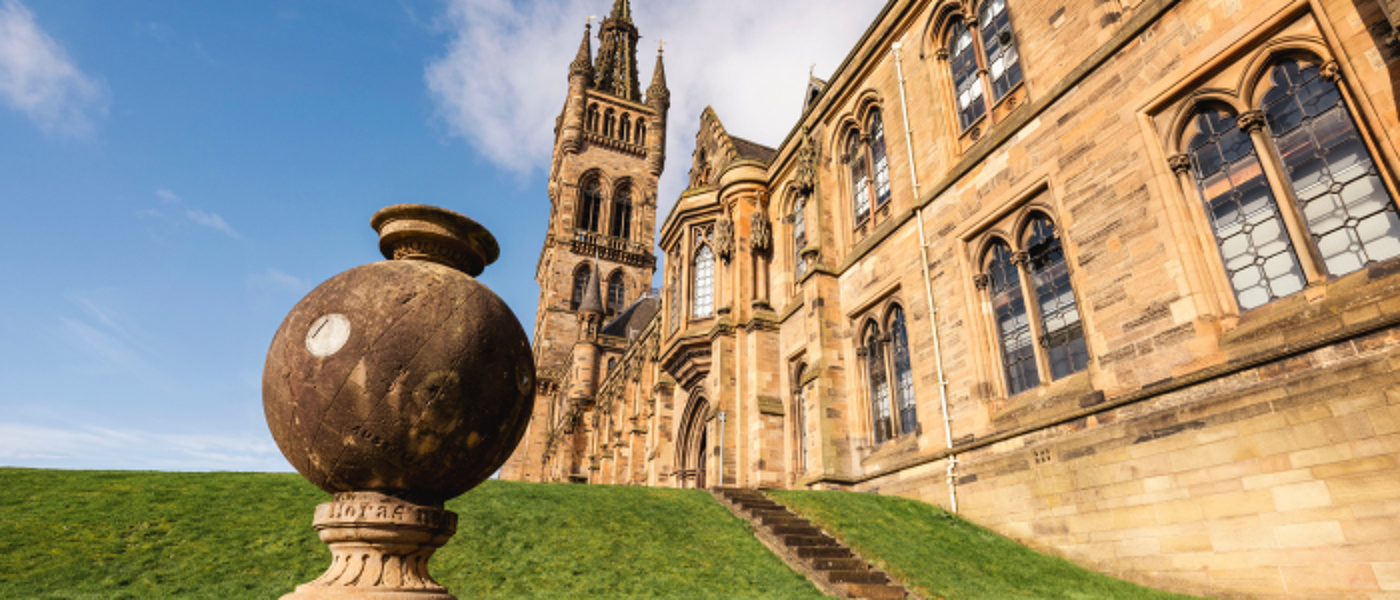 The outside of Kelvingrove Museum shot from a low angle on a sunny day