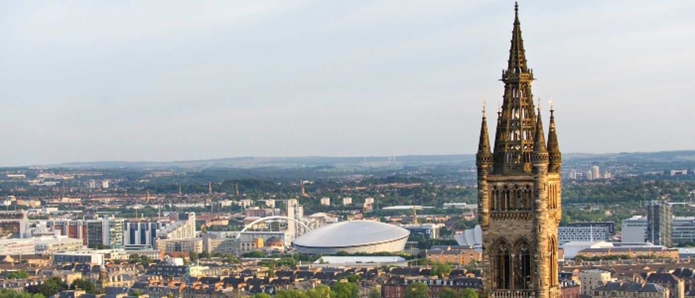 Gilbert Scott Building and tower with the Glasgow Skyline behind