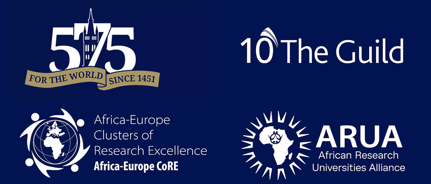 logos for University of Glasgow 575, 10 The Guild, Africa-Europe Clusters of Research Excellence, ARUA African Research Universities Alliance
