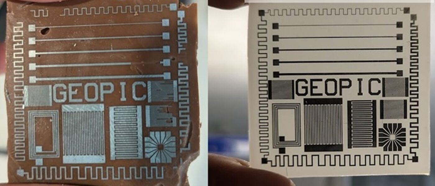 compostable circuits - one is made of chocolate and the other of bioplastic