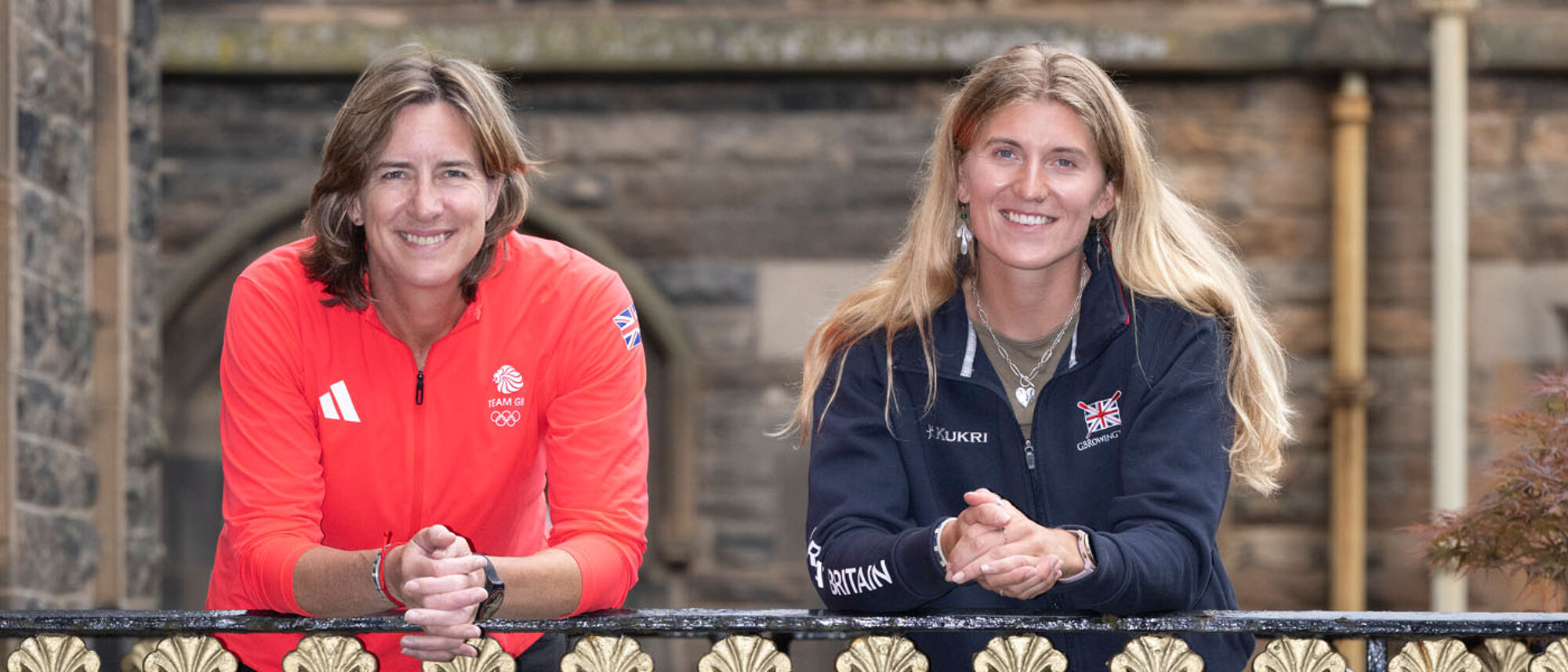 Katherine Grainger and Laura McKenzie on the steps of the Principal's Lodgings