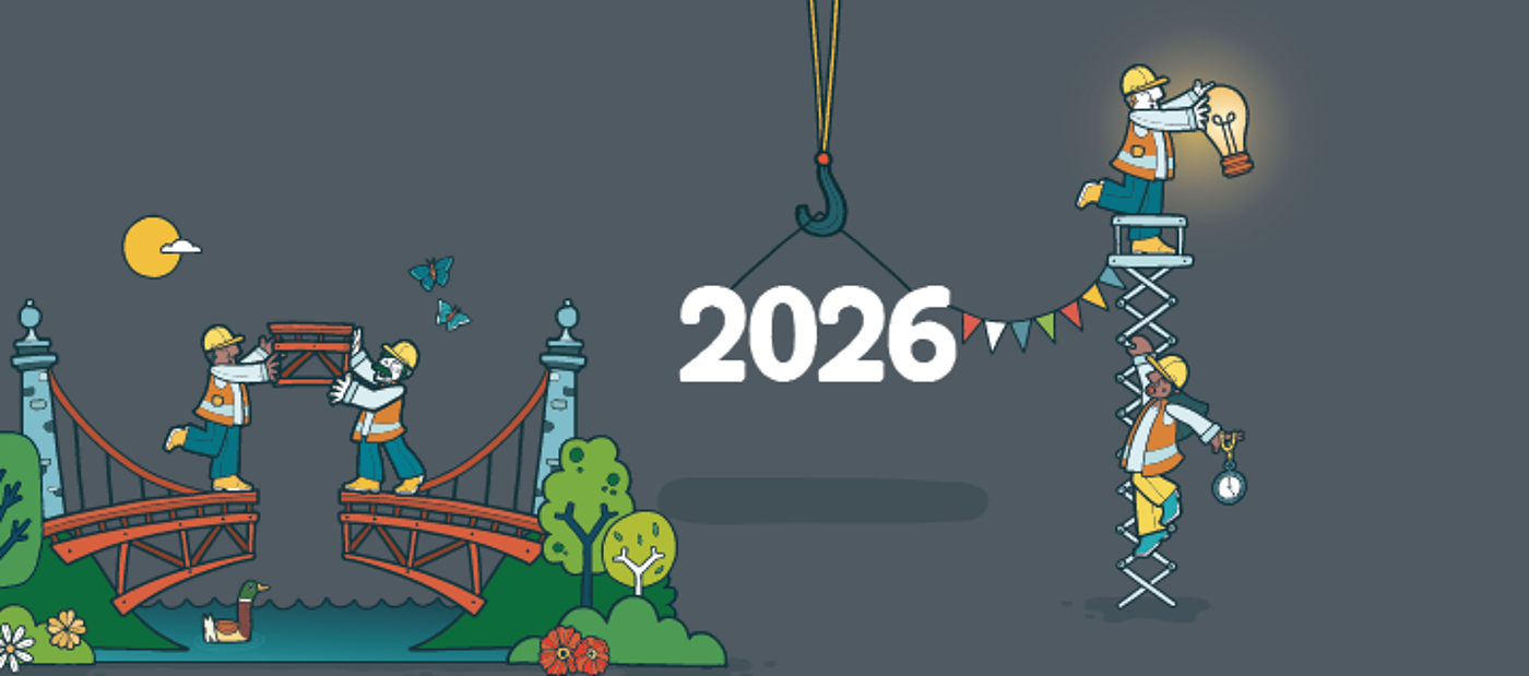 Cartoon of two people building a bridge and two people on a ladder, text reads 2026