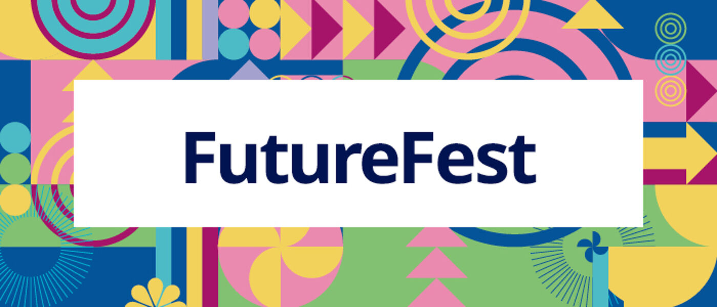 Abstract shapes and icons in various colours with text: FutureFest