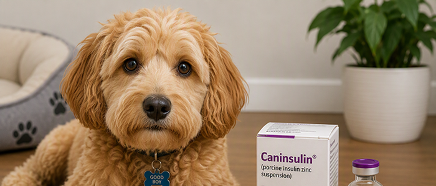 Golden cockapoo lying on the floor next to a box of insulin and a dispenser