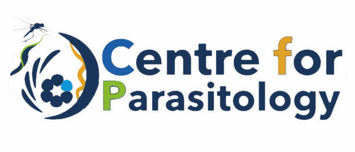 Centre for Parasitology logo featuring a stylised circular emblem with a mosquito and parasite-inspired design in navy blue, green, orange and light blue, alongside the words 