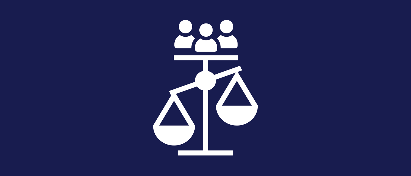 Illustration of white scales balancing three human figures on a dark blue background