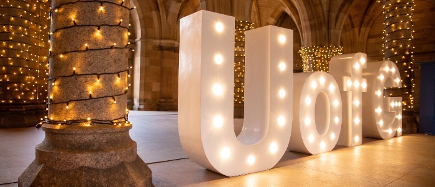 UofG letters & Christmas lights in the Cloisters, University of Glasgow