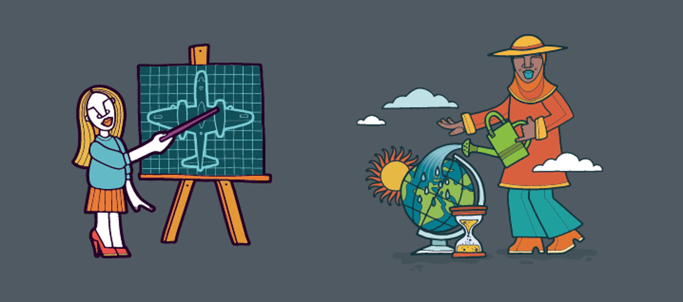 Cartoon image of a woman drawing a blueprint of an aeroplane and a cartoon image of a woman using a watering can on a globe with other weather icons surrounding.
