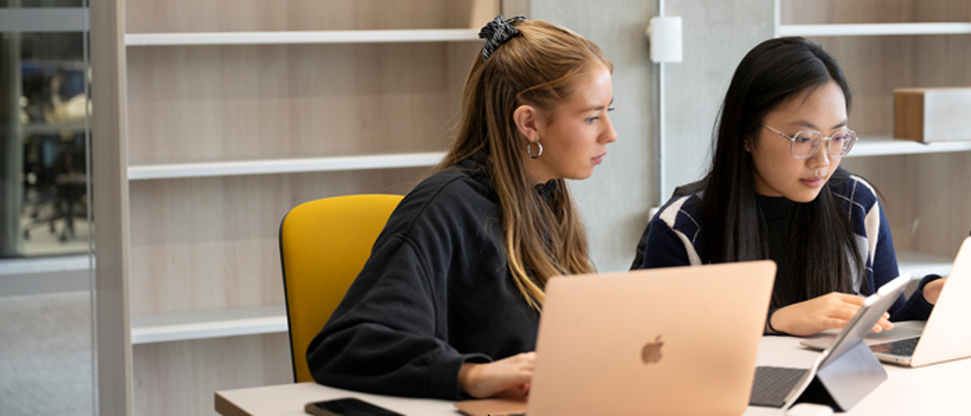 Two students work on their laptops