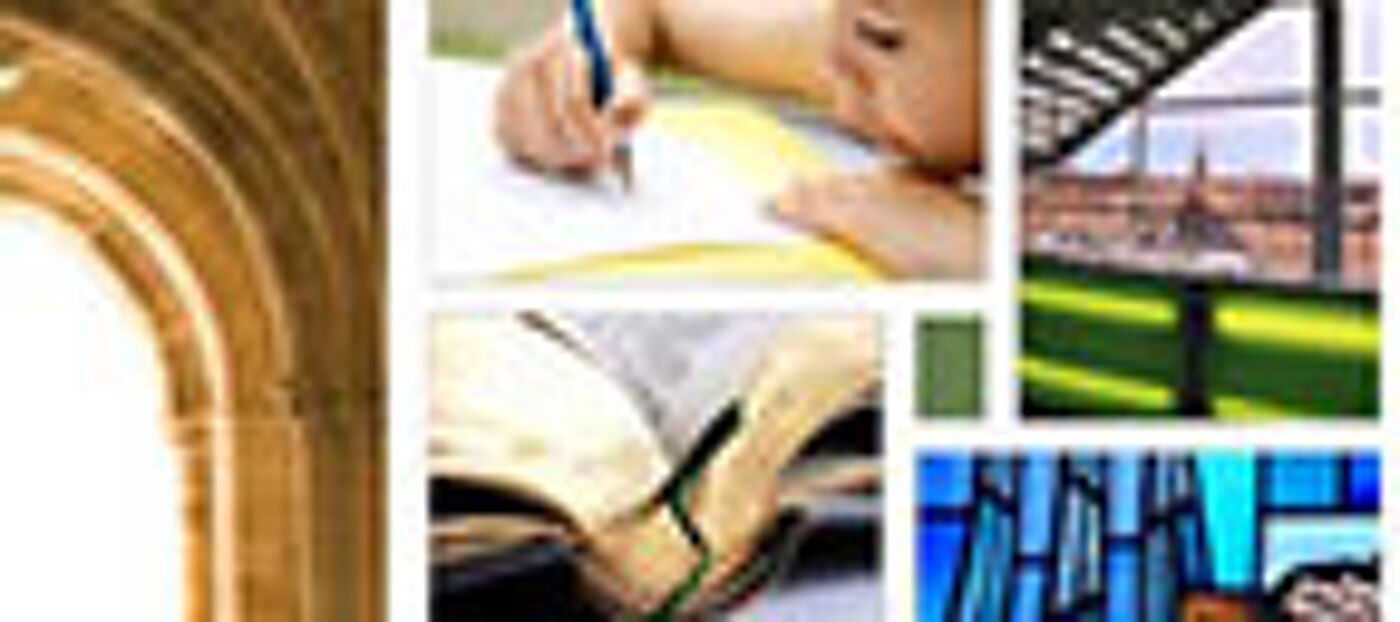 A collage of images, including a child writing, a stained glass window and an open book