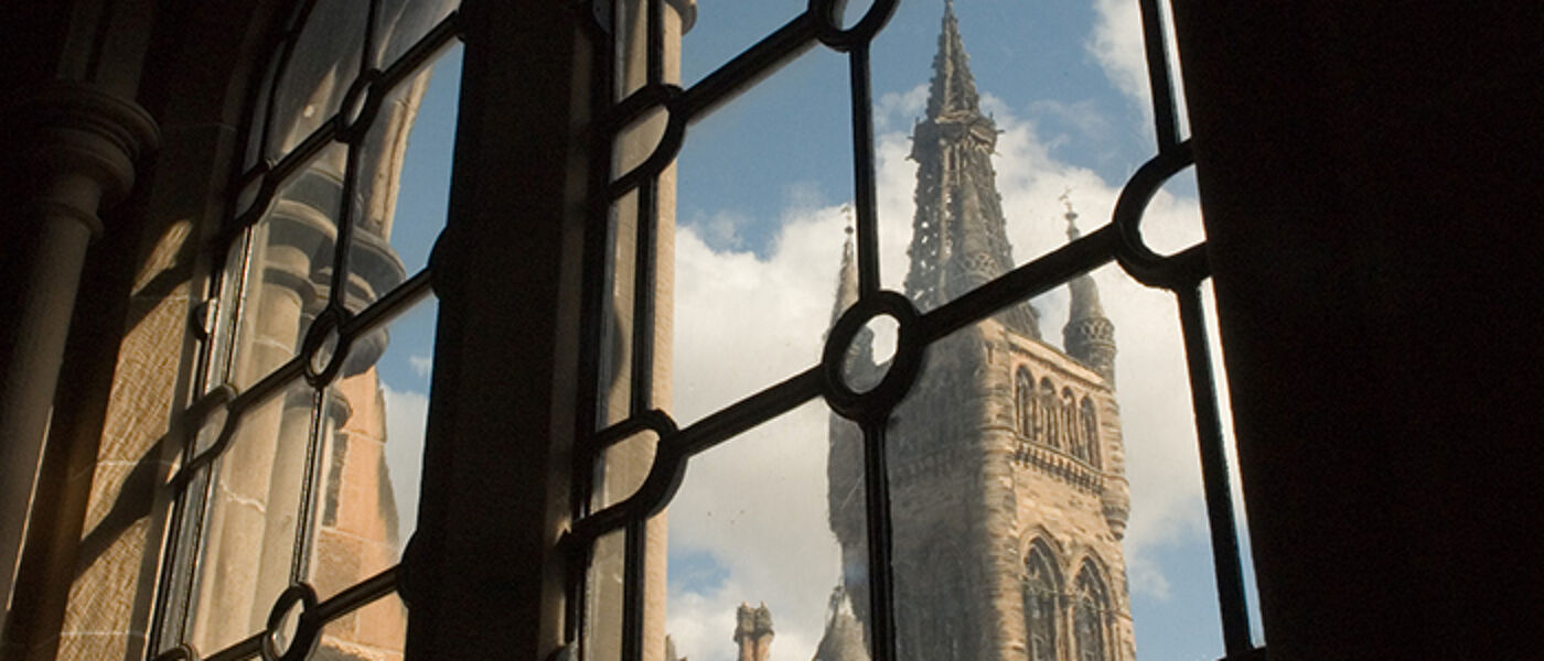 Glasgow University tower through windows